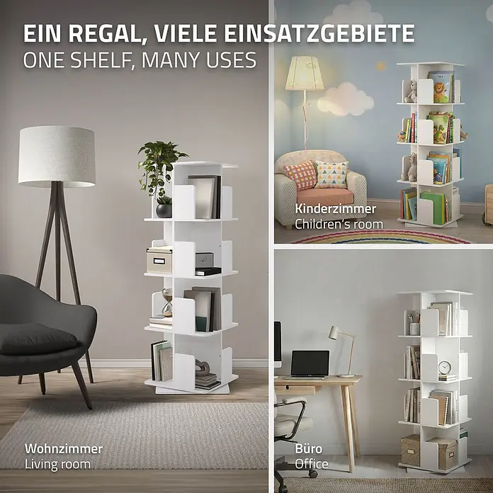 ML-Design Holzregal Spielzeugregal drehbar 360 Grad Regal Standregal freistehend Drehregal - Anzahl Böden: 5 Stk., Weiß - Weißes drehbares Bücherregal, vielseitig einsetzbar in Wohn-, Kinderzimmer oder Büro.