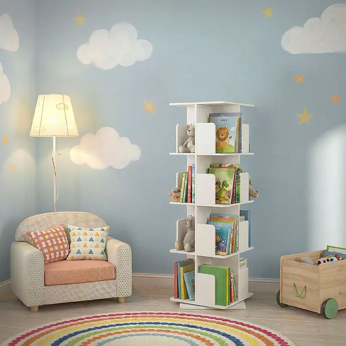 ML-Design Holzregal Spielzeugregal drehbar 360 Grad Regal Standregal freistehend Drehregal - Anzahl Böden: 5 Stk., Weiß - Weißes 5-stufiges drehbares Bücherregal, gefüllt mit Kinderbüchern und Spielzeug in einem Kinderzimmer.