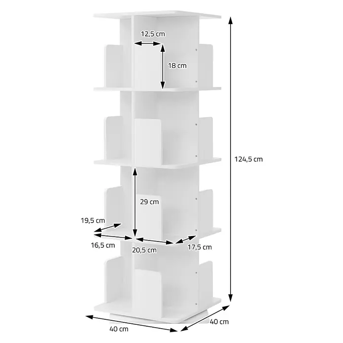 ML-Design Holzregal Spielzeugregal drehbar 360 Grad Regal Standregal freistehend Drehregal - Anzahl Böden: 5 Stk., Weiß - Weißes drehbares Bücherregal mit mehreren Fächern, mit detaillierten Maßen.