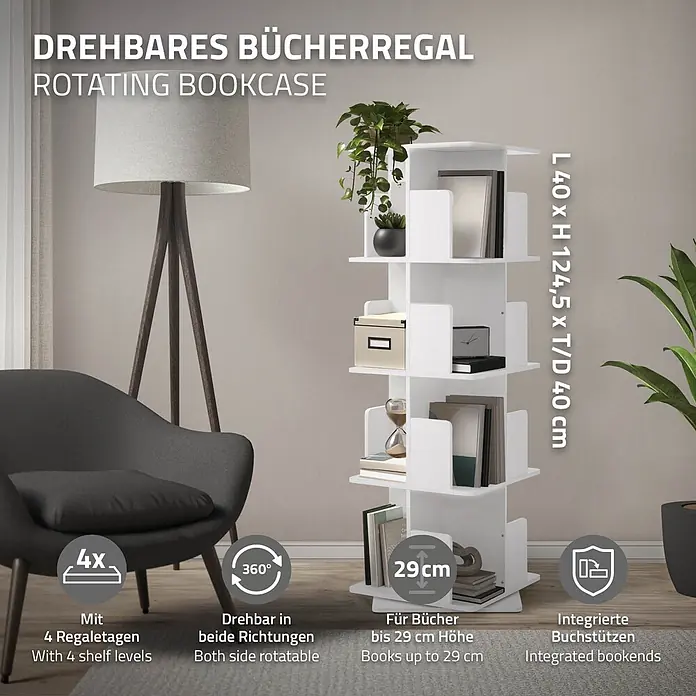 ML-Design Holzregal Spielzeugregal drehbar 360 Grad Regal Standregal freistehend Drehregal - Anzahl Böden: 5 Stk., Weiß - Weißes drehbares Bücherregal in einem modernen Wohnzimmer, mit Büchern und Deko gefüllt, mit integrierten Buchstützen.