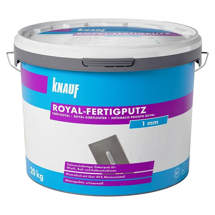 Knauf Dekoputz Royal-Fertigputz - Schneeweiß, Körnung: 1 mm, 20 kg - Weißer 20-kg-Eimer Knauf Royal-Fertigputz, ein schneeweißer, gebrauchsfertiger mineralischer Dekorputz mit 1mm Körnung.