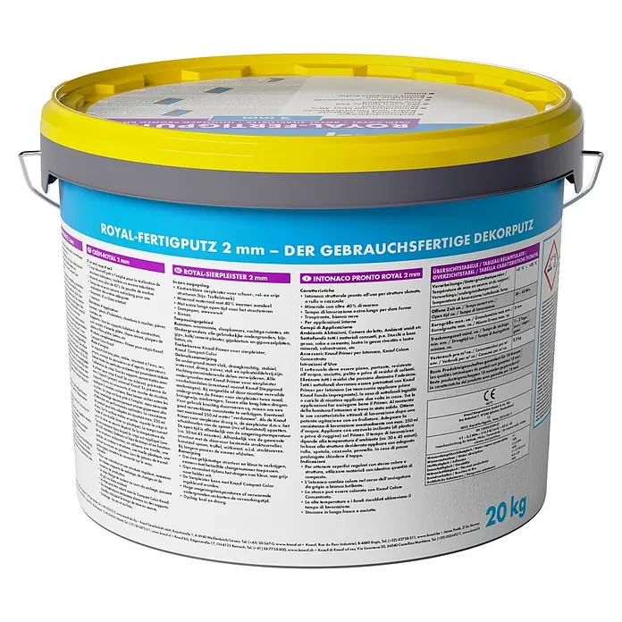 Knauf Dekoputz Royal-Fertigputz - Schneeweiß, Körnung: 2 mm, 20 kg - Blauer Eimer mit gelbem Deckel für 20 kg gebrauchsfertigen Dekorputz.