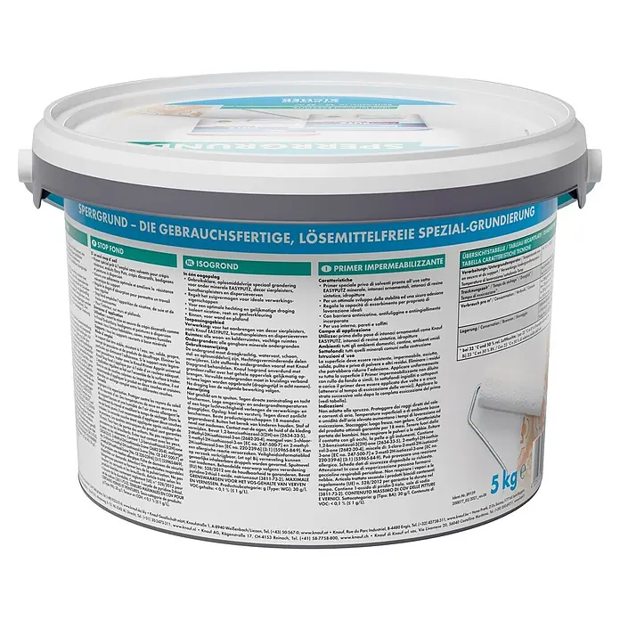 Knauf Sperrgrund - 5 kg, Weiß - Ein weißer Kunststoff-Eimer Knauf SPERRGRUND Spezial-Grundierung mit grauem Griff.