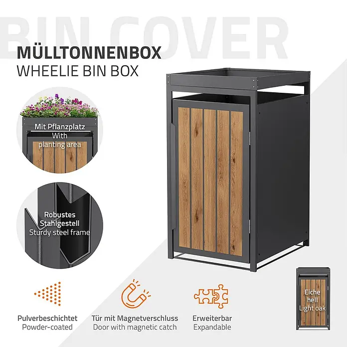 ML-Design Mülltonnenbox 1er 240L Pflanzdach Anthrazit-Holzoptik -  - Dunkelgraue Mülltonnenbox aus Stahl mit heller Eichentür, Pflanzbereich, Magnetverschluss & erweiterbar.