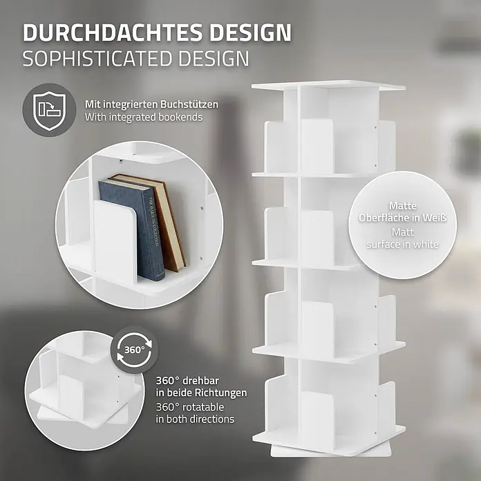 ML-Design Holzregal Spielzeugregal drehbar 360 Grad Regal Standregal freistehend Drehregal - Anzahl Böden: 5 Stk., Weiß - Weißes, 360-Grad drehbares Bücherregal mit integrierten Buchstützen und matter Oberfläche.