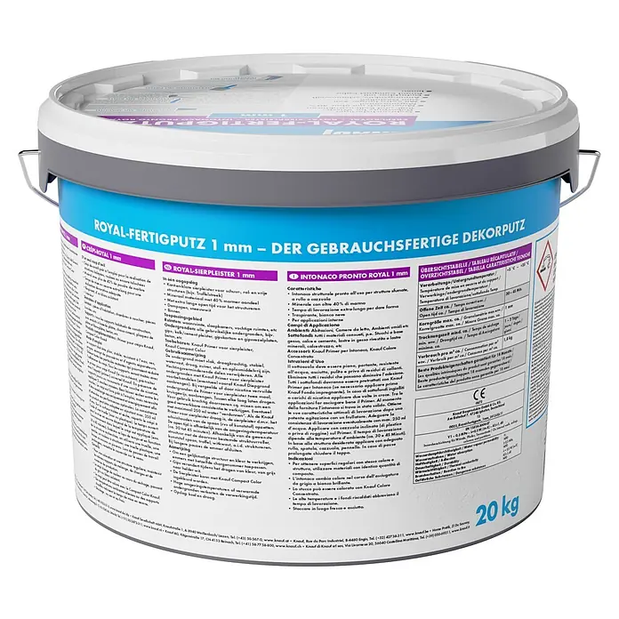 Knauf Dekoputz Royal-Fertigputz - Schneeweiß, Körnung: 1 mm, 20 kg - Ein 20 kg weiß-blauer Eimer Royal Fertigputz/Dekorputz mit Metallgriff.