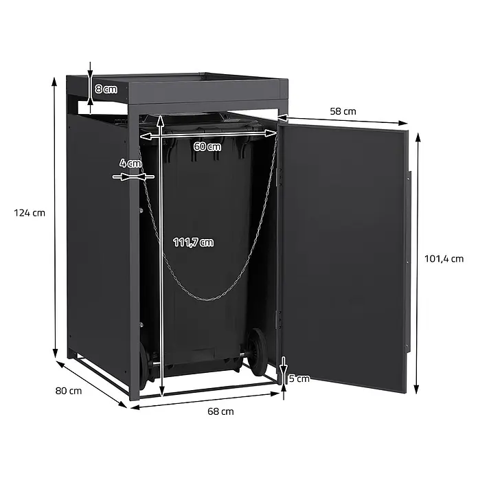 ML-Design Mülltonnenbox 1er 240L Pflanzdach Anthrazit-Holzoptik -  - Dunkelgraue Mülltonnenbox mit Abmessungen, eine Tür offenbart eine Tonne.