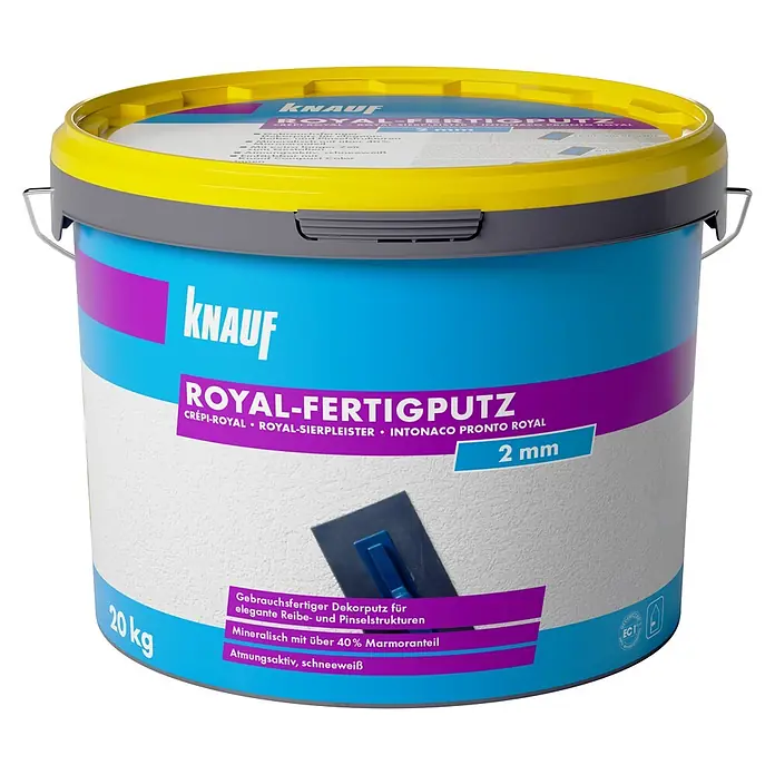 Knauf Dekoputz Royal-Fertigputz - Schneeweiß, Körnung: 2 mm, 20 kg - Knauf Royal-Fertigputz, 20kg, schneeweißer gebrauchsfertiger Dekorputz für elegante Reibe- und Pinselstrukturen, 2mm Körnung. Blauer und weißer Eimer mit gelbem Deckel.