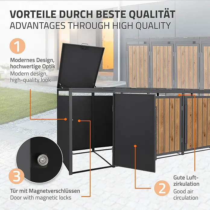 ML-Design Mülltonnenbox 4er 240L 260x80x120 cm Anthrazit-Holzoptik -  - Mülltonnenbox aus dunkelgrauem Metall mit Holz-Akzenten für den Außenbereich. Hebt modernes Design, Magnetverschlüsse und gute Luftzirkulation hervor.