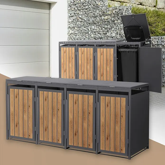 ML-Design Mülltonnenbox 4er 240L 260x80x120 cm Anthrazit-Holzoptik -  - Zwei graue Mülltonnenboxen aus Metall mit Holzlamellentüren im Freien. Eine Box ist offen und zeigt eine Mülltonne.