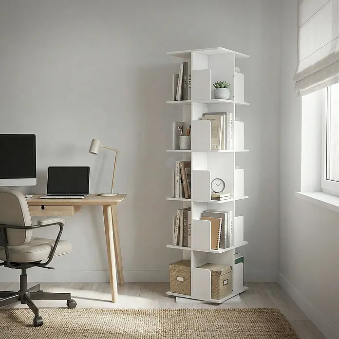 ML-Design Holzregal Spielzeugregal drehbar 360 Grad Regal Standregal freistehend Drehregal - Anzahl Böden: 4 Stk., Weiß - Weißes, mehrstufiges, drehbares Bücherregal in einem modernen Büro mit Schreibtisch und Stuhl.