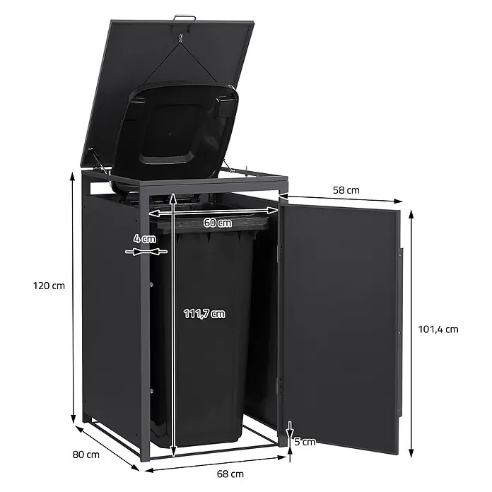 ML-Design Mülltonnenbox 1er 68x80x120 cm 240L Anthrazit-Holzoptik -  - Dunkelgraue Metall-Mülltonnenbox mit geöffnetem Deckel und Tür, Maße angegeben. Ein schwarzer Abfallbehälter ist sichtbar.