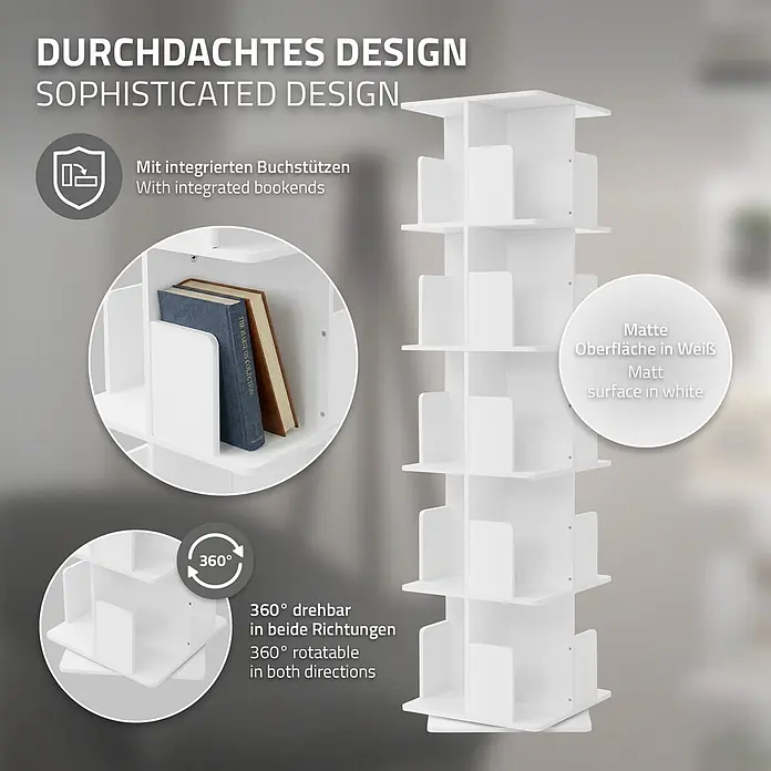ML-Design Holzregal Spielzeugregal drehbar 360 Grad Regal Standregal freistehend Drehregal - Anzahl Böden: 4 Stk., Weiß - Hohes, weißes, 360° drehbares Bücherregal mit matter Oberfläche und integrierten Buchstützen.