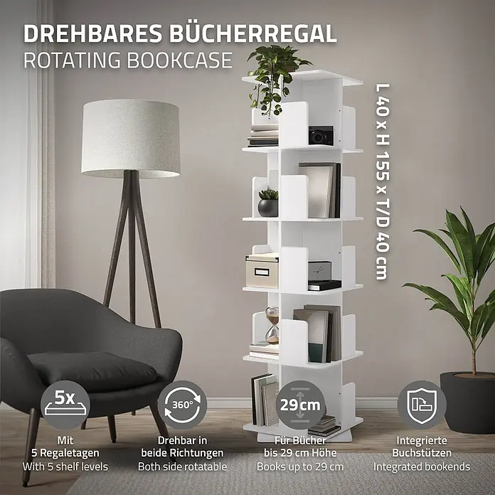 ML-Design Holzregal Spielzeugregal drehbar 360 Grad Regal Standregal freistehend Drehregal - Anzahl Böden: 4 Stk., Weiß - Weißes drehbares Bücherregal (155x40x40 cm) mit 5 Regaletagen, für Bücher bis 29 cm, integrierte Buchstützen, in modernem Wohnzimmer.