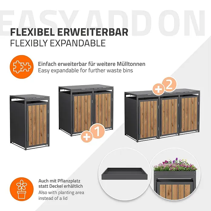 ML-Design Mülltonnenbox 1er 68x80x120 cm 240L Anthrazit-Holzoptik -  - Modulare Mülltonnenverkleidung aus dunkelgrauem Metall mit Holzoptik-Türen, erweiterbar, auch mit Pflanzwanne.