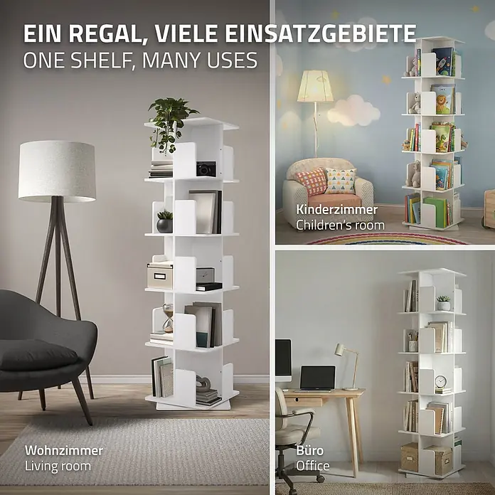 ML-Design Holzregal Spielzeugregal drehbar 360 Grad Regal Standregal freistehend Drehregal - Anzahl Böden: 4 Stk., Weiß - Weißes drehbares Regal in Wohn-, Kinderzimmer und Büro, zeigt vielseitige Anwendung.