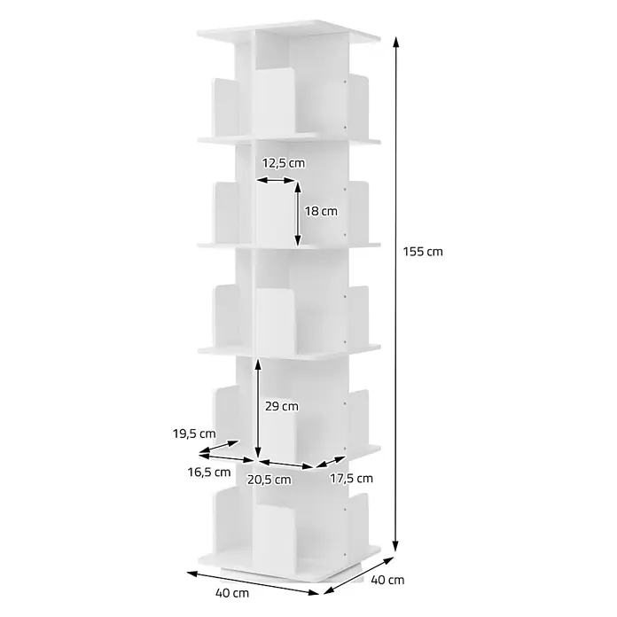 ML-Design Holzregal Spielzeugregal drehbar 360 Grad Regal Standregal freistehend Drehregal - Anzahl Böden: 4 Stk., Weiß - Weißes drehbares Bücherregal mit mehreren Fächern, abgebildet mit detaillierten Maßen für Höhe und Fachtiefe.