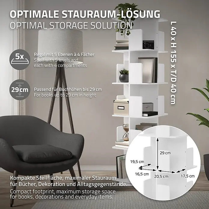 ML-Design Holzregal Spielzeugregal drehbar 360 Grad Regal Standregal freistehend Drehregal - Anzahl Böden: 4 Stk., Weiß - Weißes drehbares Bücherregal mit 5 Ebenen, 20 Fächern, für Bücher und Deko, Maße 40x155x40 cm.