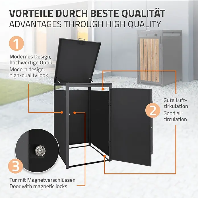 ML-Design Mülltonnenbox 1er 68x80x120 cm 240L Anthrazit-Holzoptik -  - Dunkelgraue Mülltonnenbox mit modernem Design, guter Belüftung und magnetischen Türschlössern.