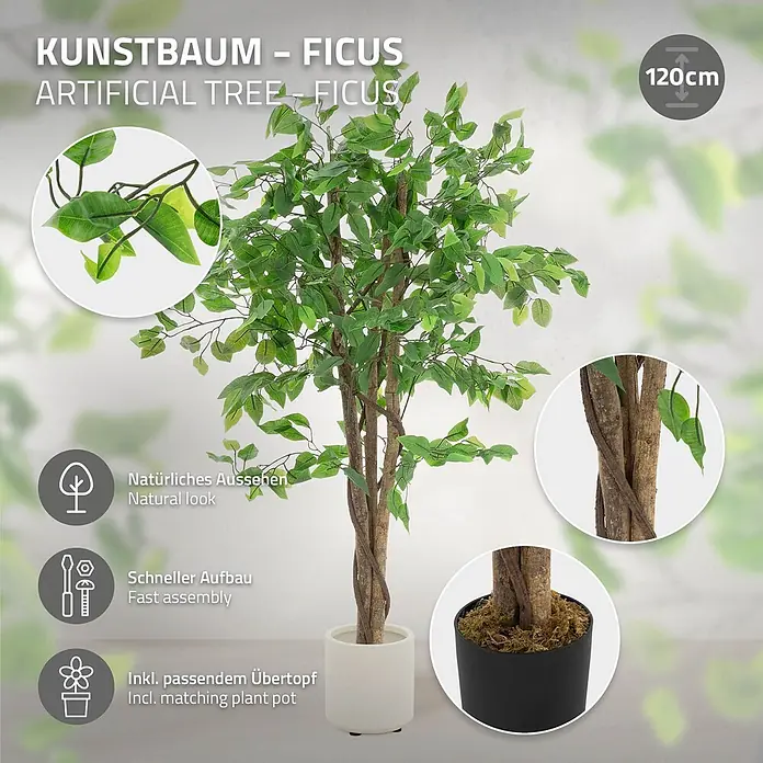 Kunstpflanze Ficus 120 cm mit Naturholzstamm für Innen/Außen -  - 120cm künstlicher Ficusbaum mit grünen Blättern und braunem Stamm in einem weißen Topf.