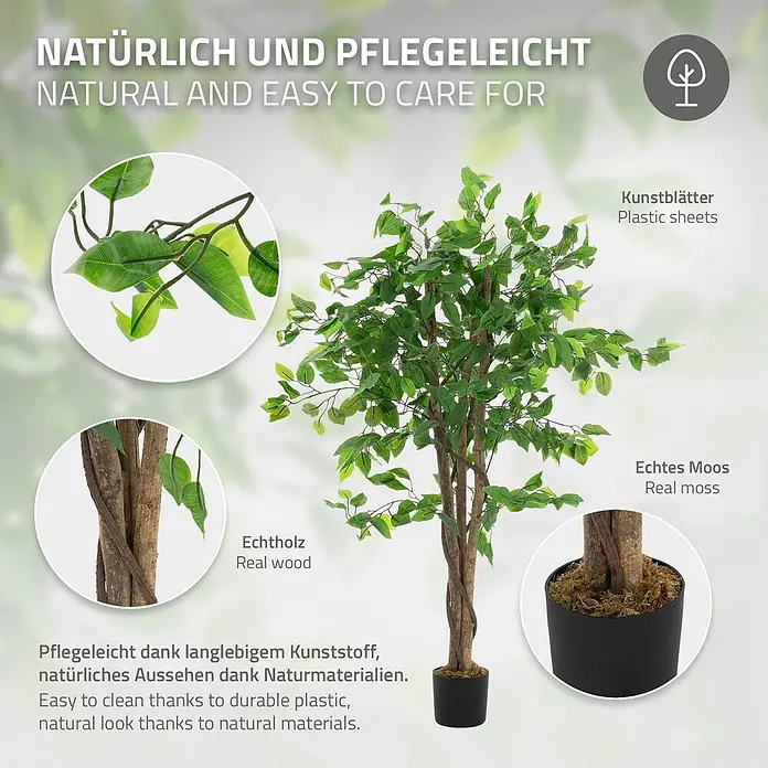 Kunstpflanze Ficus 120 cm mit Naturholzstamm für Innen/Außen -  - Künstliche Pflanze mit Kunststoffblättern, Echtholzstamm und echtem Moos in schwarzem Topf. Naturgetreu und pflegeleicht.