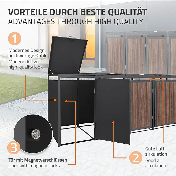 ML-Design Mülltonnenbox 4er 240L 260x80x120 cm Anthrazit-Holzoptik Müllbox -  - Schwarzes Mülltonnenhaus aus Metall und Holzoptik mit Magnettüren und guter Belüftung.