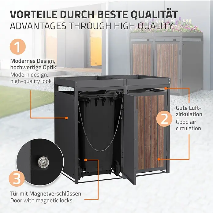 ML-Design Mülltonnenbox 2er 240L mit Pflanzdach Anthrazit-Holzoptik -  - Dunkelgraue Mülltonnenbox aus Metall mit braunen Holztüren, enthält eine schwarze Mülltonne. Mit Magnetverschluss und guter Luftzirkulation.