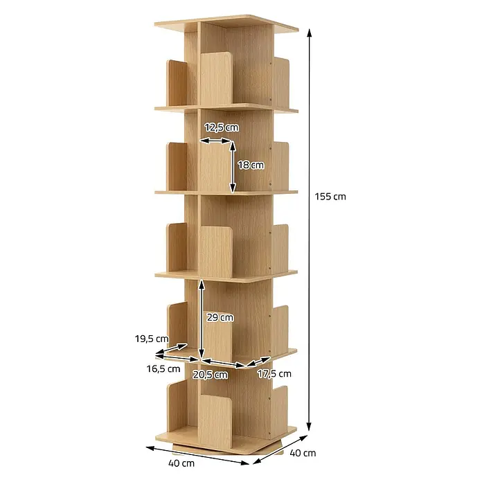 Bücherregal Kinder mit 5 Ebenen Eiche 40x155x40 cm Drehbar 360 Grad -  - Helles Bücherregal in Eichenholzoptik mit fünf drehbaren Ebenen für Bücher und Dekoration, 155 cm hoch und 40 cm breit.