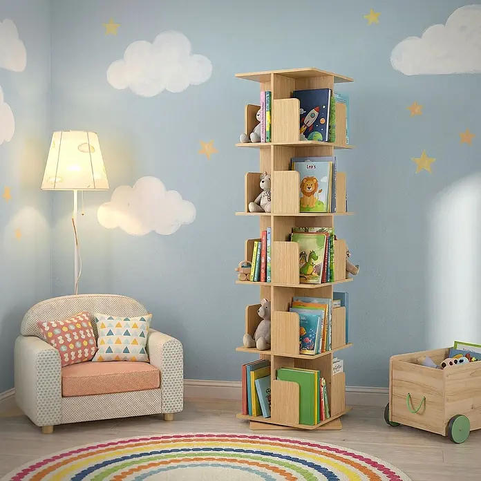Bücherregal Kinder mit 5 Ebenen Eiche 40x155x40 cm Drehbar 360 Grad -  - Hohes, helles, drehbares Bücherregal aus Holz im Kinderzimmer, gefüllt mit bunten Büchern und Spielzeug.