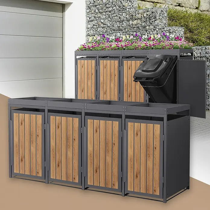 ML-Design 4x Mülltonnenbox 240L Pflanzdach Anthrazit-Holzoptik 260x80x124cm -  - Zwei Sets anthrazitgrauer Mülltonnenboxen aus Metall mit Holzoptik-Türen, eines mit Pflanzwanne und geöffnetem Behälter.