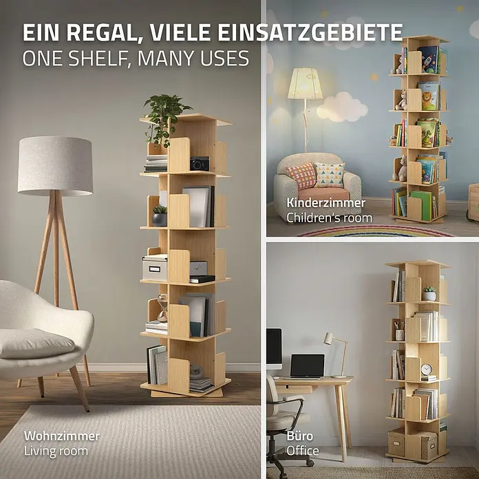 Bücherregal Kinder mit 5 Ebenen Eiche 40x155x40 cm Drehbar 360 Grad -  - Helles Holz-Drehregal in Wohn-, Kinderzimmer und Büro, zeigt vielseitige Einsatzmöglichkeiten.