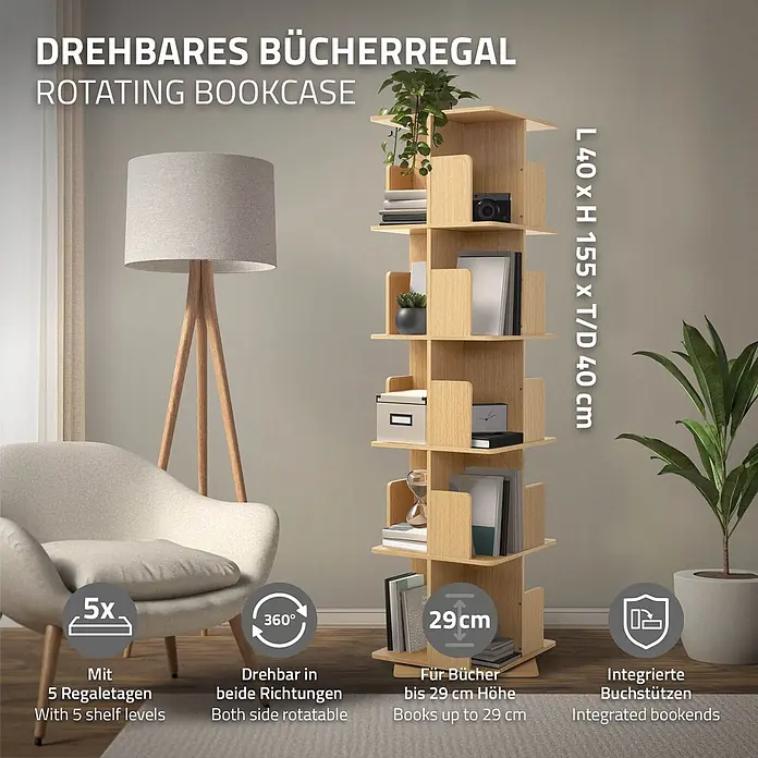 Bücherregal Kinder mit 5 Ebenen Eiche 40x155x40 cm Drehbar 360 Grad -  - Drehbares Bücherregal aus hellem Holz in einem modernen Wohnzimmer, gefüllt mit Büchern und Dekorationen.