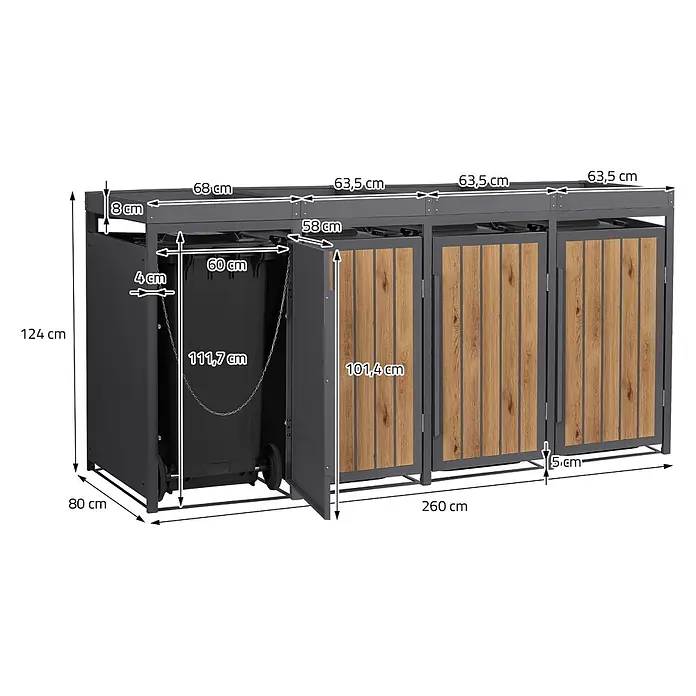 ML-Design 4x Mülltonnenbox 240L Pflanzdach Anthrazit-Holzoptik 260x80x124cm -  - Dunkelgraue Mülltonnenbox aus Metall und Holz für drei Behälter, mit Maßen dargestellt.