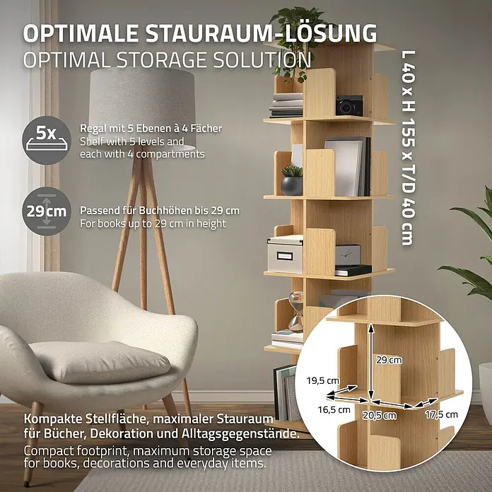 Bücherregal Kinder mit 5 Ebenen Eiche 40x155x40 cm Drehbar 360 Grad -  - Helles Holz-Spiralregal mit 5 Ebenen, für Bücher und Deko im Wohnzimmer. L40xH155xT40cm.