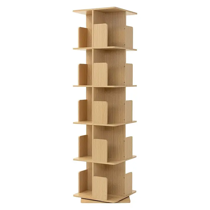 Bücherregal Kinder mit 5 Ebenen Eiche 40x155x40 cm Drehbar 360 Grad -  - Drehbares Bücherregal aus hellem Holz mit mehreren offenen Ablagen.