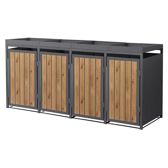 ML-Design 4x Mülltonnenbox 240L Pflanzdach Anthrazit-Holzoptik 260x80x124cm -  - Dunkelgraue Mülltonnenbox aus Metall mit vier Holzoptik-Lamellentüren für den Außenbereich.