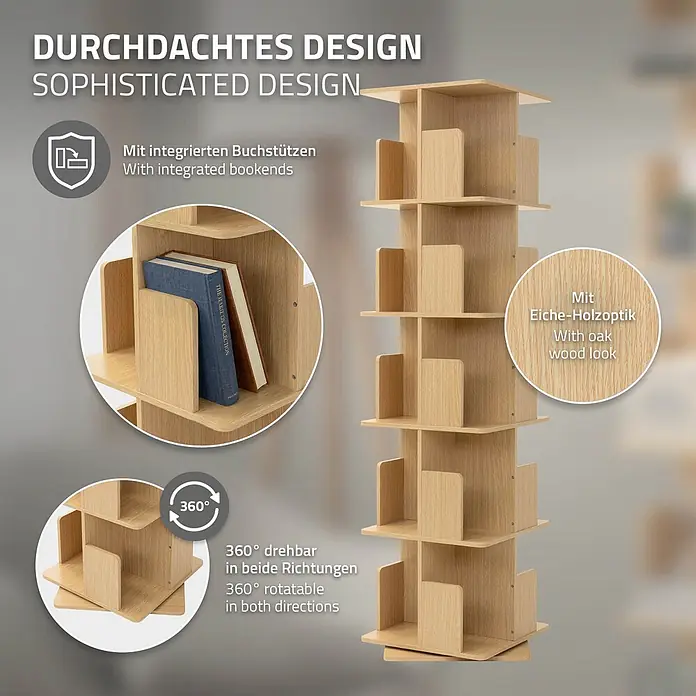 Bücherregal Kinder mit 5 Ebenen Eiche 40x155x40 cm Drehbar 360 Grad -  - Drehbares Bücherregal in Eiche-Holzoptik mit integrierten Buchstützen und mehreren Ablagen.