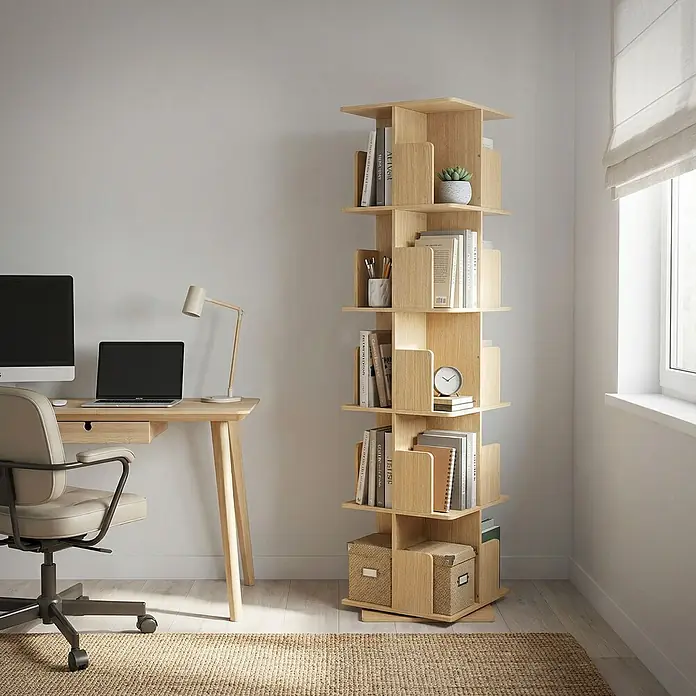 Bücherregal Kinder mit 5 Ebenen Eiche 40x155x40 cm Drehbar 360 Grad -  - Hohes, helles Holz-Regal mit modularem Design, gefüllt mit Büchern und Deko, in einem Home-Office.