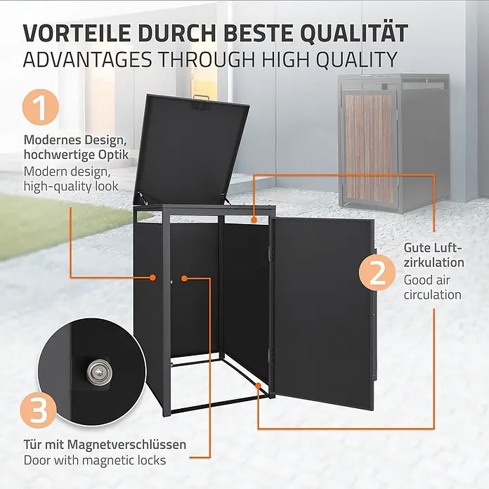 ML-Design Mülltonnenbox 1er 240L 68x80x120 cm Anthrazit-Holzoptik Müllbox -  - Schwarze Metall-Mülltonnenbox mit offener Klappe und Tür, zeigt modernes Design und Magnetverschlüsse.