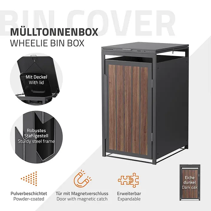 ML-Design Mülltonnenbox 1er 240L 68x80x120 cm Anthrazit-Holzoptik Müllbox -  - Graue Stahl-Mülltonnenbox mit Front aus dunkler Eiche, Deckel und Magnetverschluss. Erweiterbar.