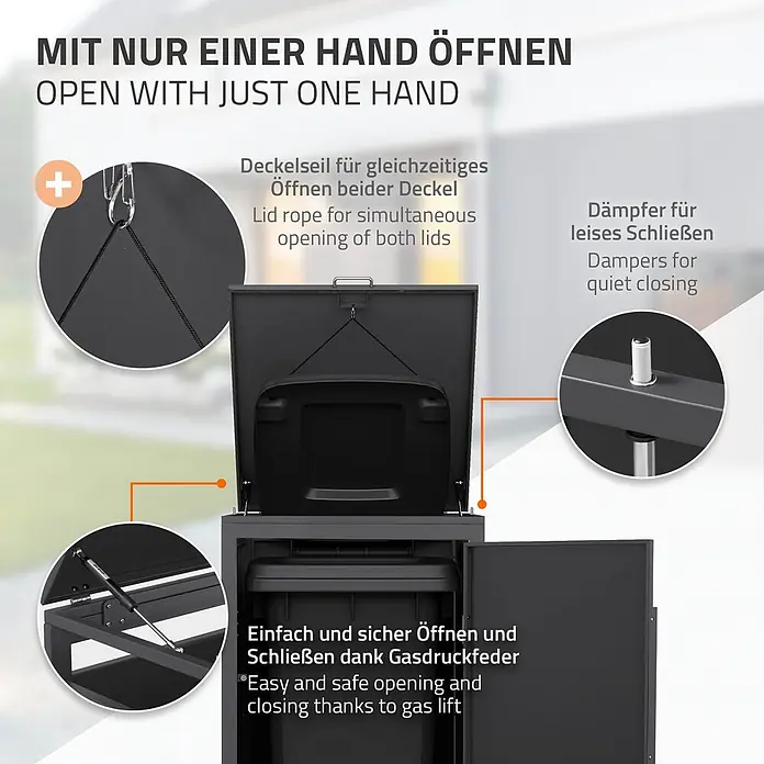 ML-Design Mülltonnenbox 1er 240L 68x80x120 cm Anthrazit-Holzoptik Müllbox -  - Dunkelgraue Outdoor-Aufbewahrungsbox mit Gasfeder, Deckelseil und Dämpfern für einfaches, leises Öffnen mit einer Hand.
