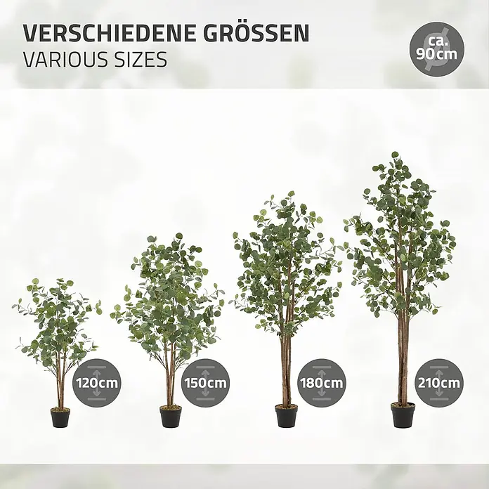 ML-Design Kunstpflanze Kunstbaum Eukalyptus für Innen & Außen mit Echtem Moos & Echtholzstamm - Blütenfarbe: Grün, Holz - Vier künstliche Eukalyptusbäume in schwarzen Töpfen, erhältlich in verschiedenen Größen: 120cm, 150cm, 180cm und 210cm.