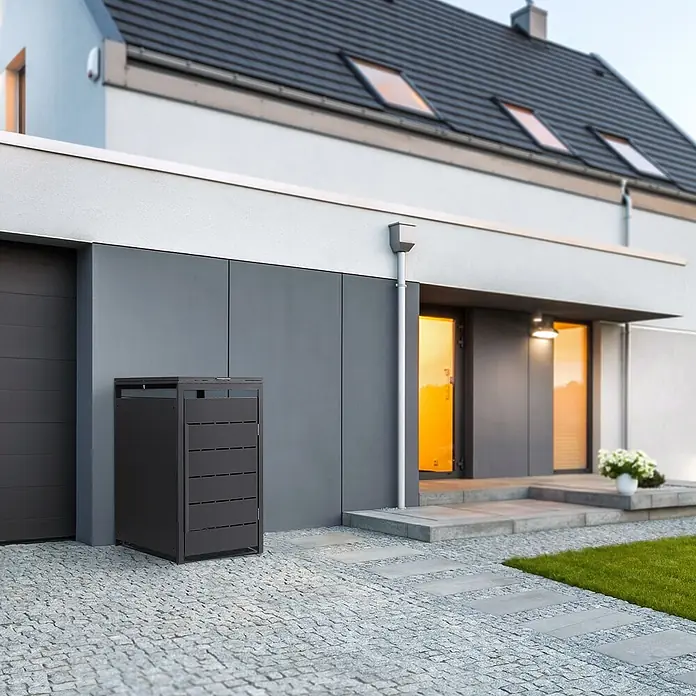 Mülltonnenbox 1er 240L 68x80x120 cm Anthrazit aus Stahl wetterfest -  - Dunkelgraue Metall-Outdoor-Aufbewahrungsbox neben einem modernen Haus.