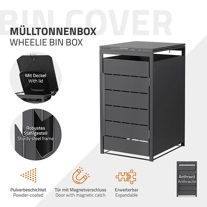 Mülltonnenbox 1er 240L 68x80x120 cm Anthrazit aus Stahl wetterfest -  - Anthrazit pulverbeschichtete Mülltonnenbox aus Stahl mit Deckel und Magnettür, erweiterbar.