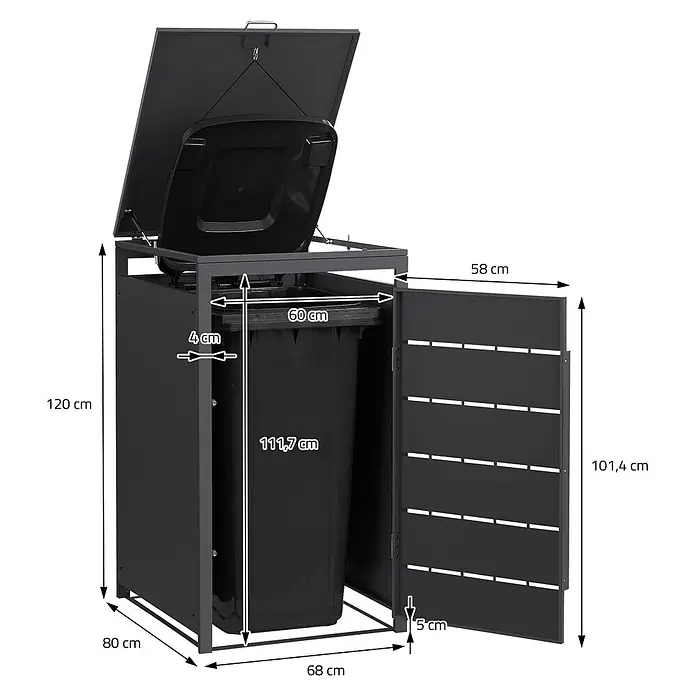 Mülltonnenbox 1er 240L 68x80x120 cm Anthrazit aus Stahl wetterfest -  - Dunkelgraue Mülltonnenbox aus Metall mit geöffnetem Deckel und Tür, die eine schwarze Mülltonne zeigt. Maße sind angegeben.