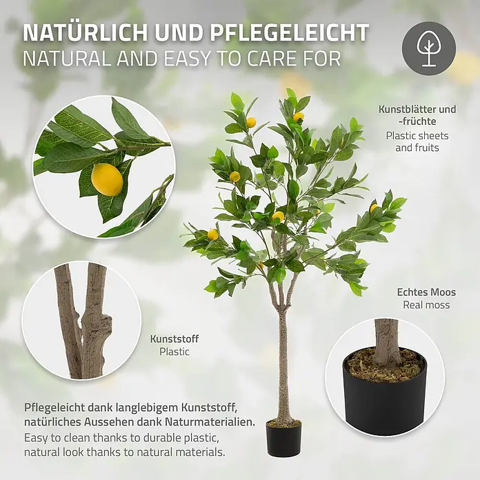 ML-Design Kunstpflanze Zitronenbaum Pflegeleichte Kunstbaum 160 cm für Innen & Außen im Topf - Blütenfarbe: Gelb, Kunststoff - Künstlicher Zitronenbaum mit Blättern und Früchten aus Kunststoff, braunem Plastikstamm und echtem Moos im schwarzen Topf.