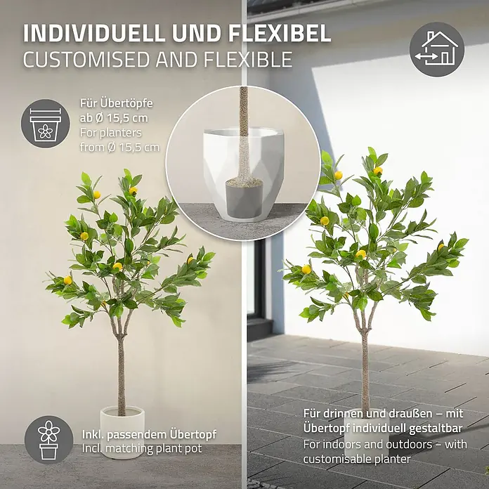 ML-Design Kunstpflanze Zitronenbaum Pflegeleichte Kunstbaum 160 cm für Innen & Außen im Topf - Blütenfarbe: Gelb, Kunststoff - Künstlicher Zitrusbaum mit gelben Früchten im weißen Topf, für Innen- und Außenbereich, mit anpassbaren Topfoptionen.