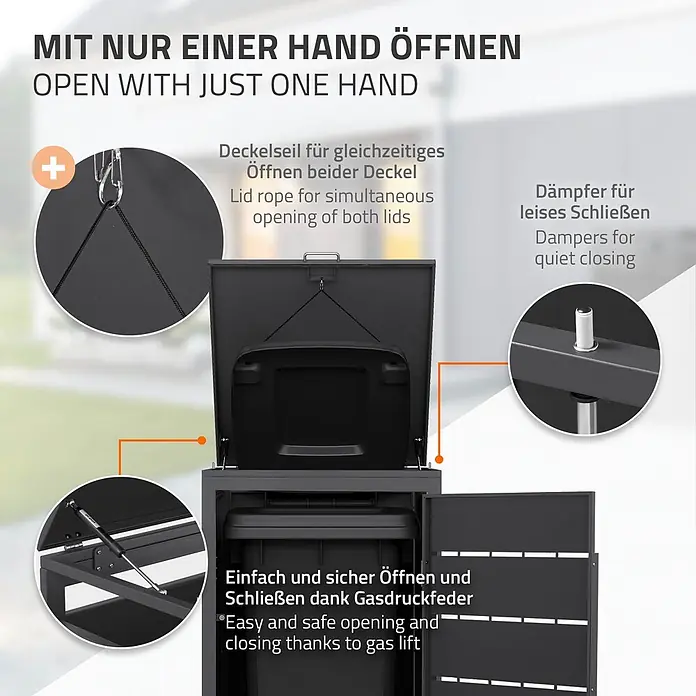 Mülltonnenbox 1er 240L 68x80x120 cm Anthrazit aus Stahl wetterfest -  - Dunkelgraue Mülltonnenbox mit Einhandöffnung, simultanem Deckelmechanismus, Gasfeder und Dämpfern für leises Schließen.