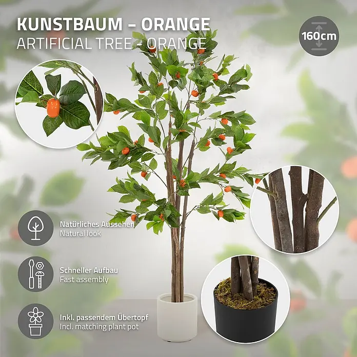 Kunstpflanze Orangenbaum 160 cm aus Kunststoff -  - 160 cm künstlicher Orangenbaum mit Topf, naturgetreuen Blättern und Früchten.