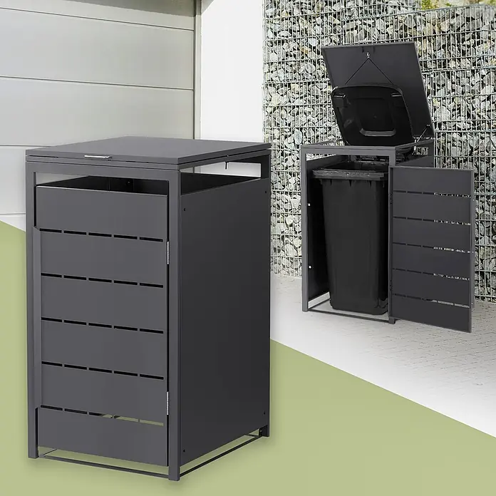 Mülltonnenbox 1er 240L 68x80x120 cm Anthrazit aus Stahl wetterfest -  - Zwei Ansichten einer grauen Metall-Mülltonnenbox: eine geschlossen, eine offen mit schwarzer Mülltonne.